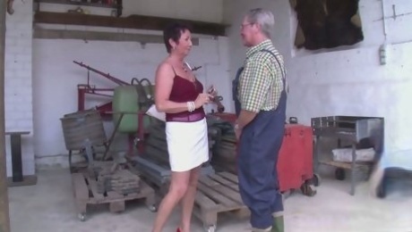 Village whore Erica lures grey haired farmer and rides his strong cock