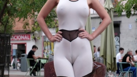 Revealing catsuit. Camel-toe in public