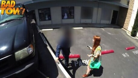 Redhead young hottie Gwen Stark is sucking a driver's big dick